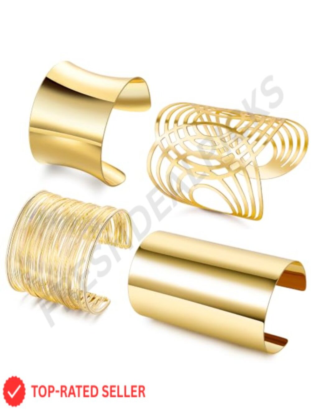 4-Piece Chunky Cuff Bracelet Set for Women, Hammered Adjustable Open Wide Wire